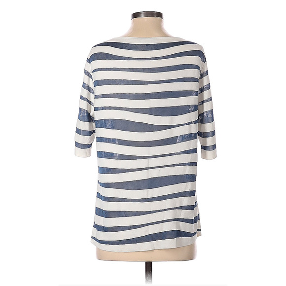 Lafayette 148 Womens Size Petite PP Blue White Stripe Top Abstract Mesh Detail - Picture 2 of 6